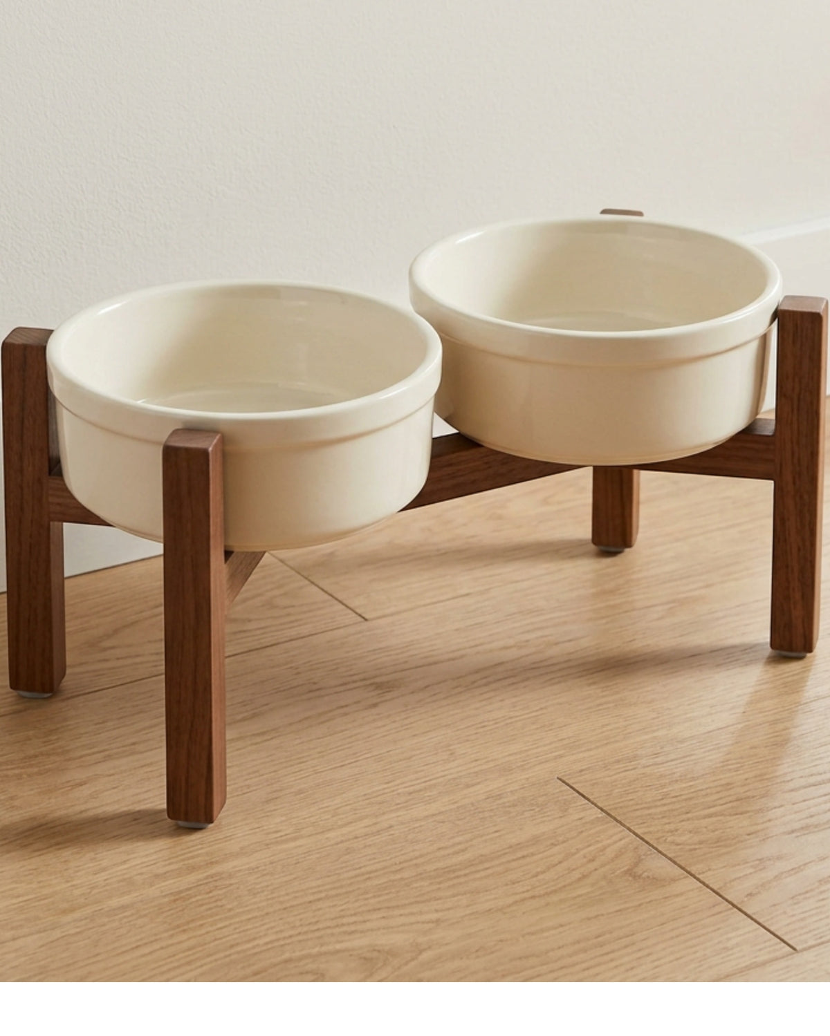 Dolfa Elevated Twin Stoneware Pet Bowl Stand 20 oz x 2 Ivory Walnut - Lifestyle view