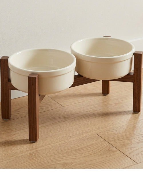 Dolfa Elevated Twin Stoneware Pet Bowl Stand 20 oz x 2 Ivory Walnut - Lifestyle view