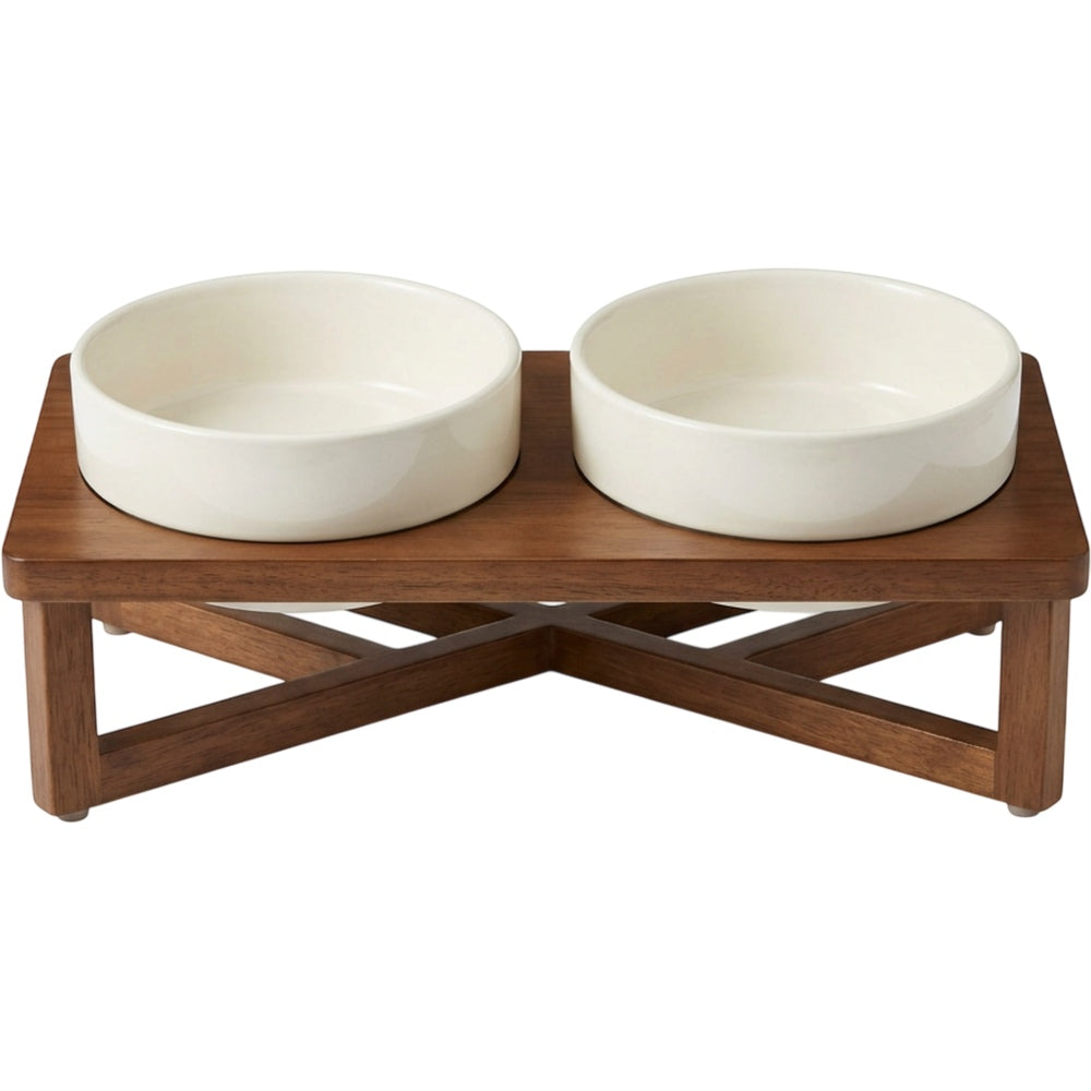 Dolfa Elevated Twin Stoneware Pet Bowl Stand 20 oz x 2 Ivory Walnut - Product view