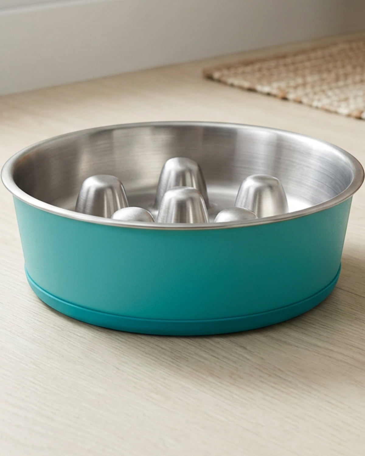 Dolfa Stainless Steel Slow Feeder Pet Bowl with Silicone Ring 32 oz Teal - Lifestyle view