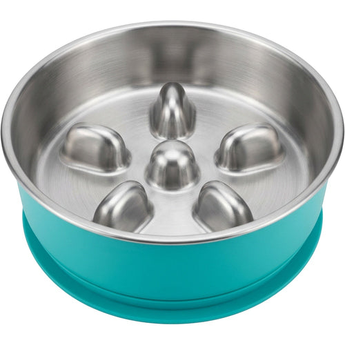 Dolfa Stainless Steel Slow Feeder Pet Bowl with Silicone Ring 32 oz Teal - Product view